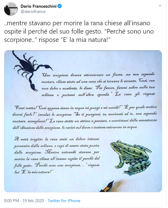 Franceschini, Renzi? È lo scorpione che uccide la rana