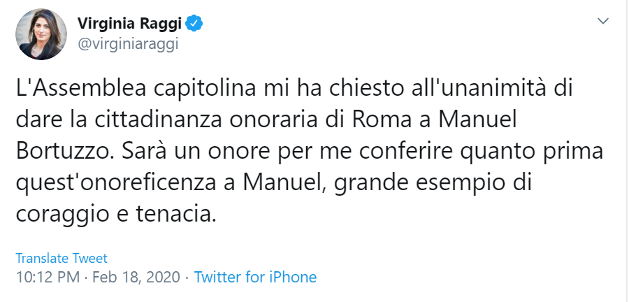 Roma darà la cittadinanza onoraria a Manuel Bortuzzo: «Esempio di coraggio e tenacia»
