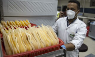 Recovered Covid-19 patients donate blood plasma in Egypt Un medico trasporta sacche di plasma donato dai pazienti guariti da Covid-19 a Vacsera, un'azienda farmaceutica egiziana, Il Cairo, Egitto, 6 luglio 2020. La cura del plasma è uno dei trattamenti che vengono usati sui pazienti ancora malati. EPA/Mohamed Hossam