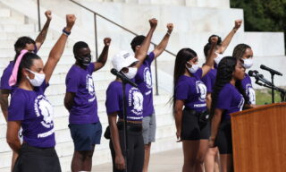 March On Washington To Protest Police Brutality epa08632306 Organizers for the March on New York City speak during the March on Washington at the Lincoln Memorial in Washington, DC, 28 August 2020. 28 August 2020 marks the 57th anniversary of Rev. Martin Luther King Jr.'s I Have A Dream speech at the same location. EPA/Michael M. Santiago / POOL