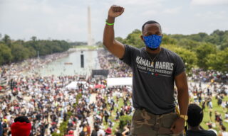 Commitment March in Washington DC epa08632685 Protesters and activists attend the 'Commitment March: Get Your Knee Off Our Necks' march at the Lincoln Memorial in Washington, DC, USA, 28 August 2020. The march, under the rallying call 'Get Your Knee Off Our Necks,' will coincide with the 57th anniversary of Martin Luther King, Jr.'s March on Washington, where he delivered his historic 'I Have A Dream' speech in 1963. EPA/SHAWN THEW