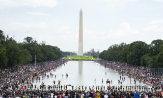 Commitment March in Washington DC epa08632447 Crowds gather near the Lincoln Memorial before the start of 'Commitment March: Get Your Knee Off Our Necks' in Washington, DC, USA 28 August 2020. The March on Washington comes on the 57th anniversary of Dr. Martin Luther King's historic march, when he delivered his 'I Have a Dream' speech. EPA/JIM LO SCALZO
