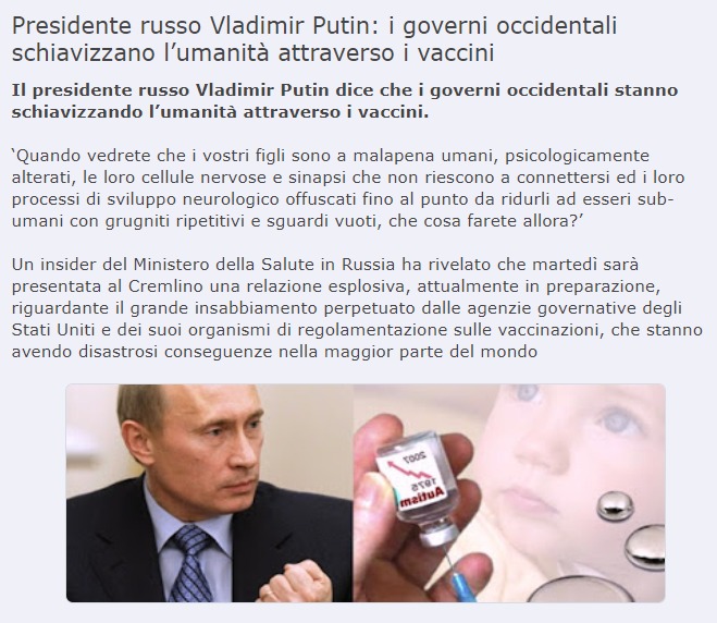 Il vaccino di Putin contro la Covid19, tilt bufalaro dei NoVax: «Un placebo per fregare Oms e Bill Gates» Il vaccino di Putin contro la Covid19, tilt bufalaro dei NoVax: «Un placebo per fregare Oms e Bill Gates»