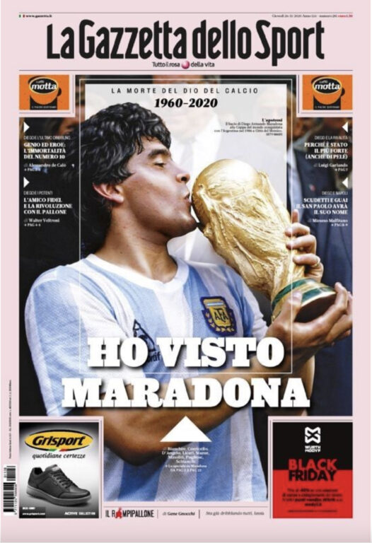 «Ho visto Maradona», l’addio al nume del calcio sulle prime pagine di