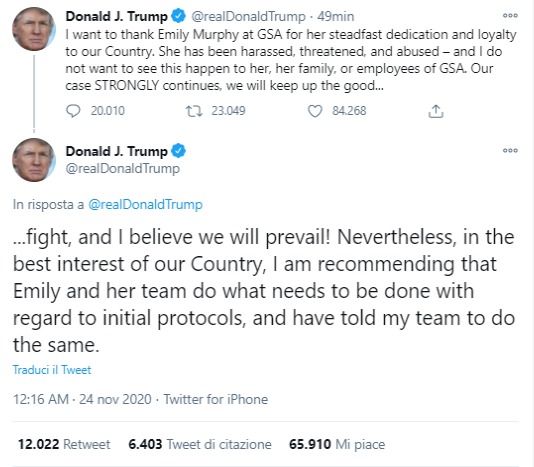 Usa 2020, via libera alla transizione da Trump al Presidente eletto Joe Biden. La lettera di Emily Murphy Usa 2020, via libera alla transizione da Trump al Presidente eletto Joe Biden. La lettera di Emily Murphy