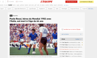 Il ricordo di Paolo Rossi del quotidiano sportivo francese L'Equipe Il ricordo di Paolo Rossi del quotidiano sportivo francese L'Equipe