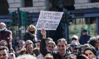 No-masks and Covid-19 negationists manifestation in Turin A moment of the no-masks and Covid-19 negationists manifestation in Castello square, Turin, Italy, 20 March 2021. ANSA/TINO ROMANO