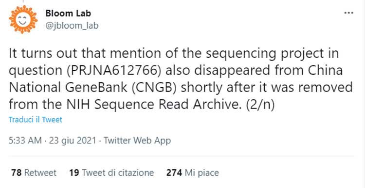 Tweet di Jesse Bloom con la cronologia delle rimozioni