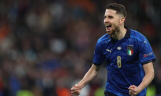 Semi Final Italy vs Spain epa09327291 Jorginho of Italy celebrates scoring the decisive penalty during the UEFA EURO 2020 semi final between Italy and Spain in London, Britain, 06 July 2021. EPA/Carl Recine / POOL (RESTRICTIONS: For editorial news reporting purposes only. Images must appear as still images and must not emulate match action video footage. Photographs published in online publications shall have an interval of at least 20 seconds between the posting.)