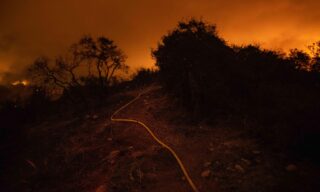 Palisades Fire prompts evacuations in Topanga, California epa09203506 Fire surrounds a water hose as firefighters attempt to reach the Palisades Fire in Topanga, California, USA, 15 May 2021. The fire had burned over 700 acres by nightfall, prompting evacuations. EPA/CHRISTIAN MONTERROSA