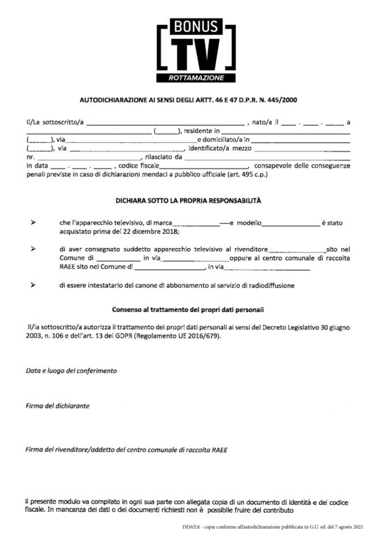 Bonus TV 2021, via libera dal 23 agosto ecco il modulo da compilare e