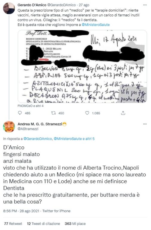 Il post in cui il giornalista Gerardo D'amico denuncia la prescrizione del dentista Stramezzi