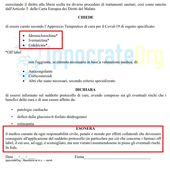 La liberatoria per accedere al protocollo di cure domiciliari con farmaci off label