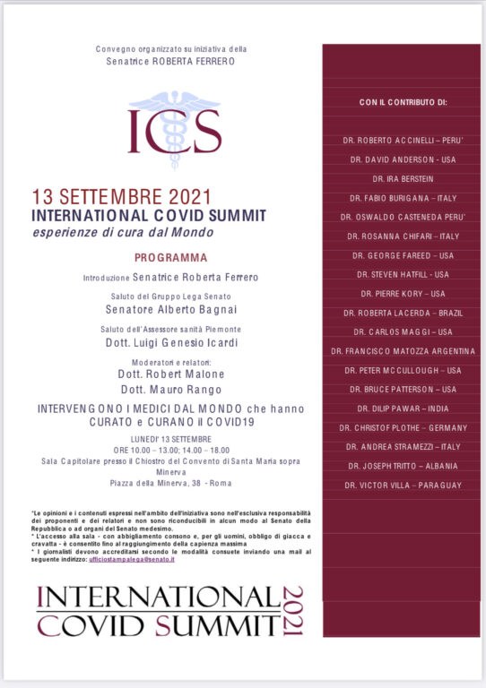 La locandina dell'International Covid Summit 2021 svoltati in Senato